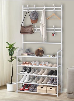 RollsTimi  3 in 1 Freestanding Coat Rack 5-Tier Entryway Coat Rack with Shelf Modern Storage Rack with 8 Double Hooks For Bathroom Bedroom Living Room and Small Space, White  - Image 1