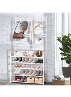 RollsTimi  3 in 1 Freestanding Coat Rack 5-Tier Entryway Coat Rack with Shelf Modern Storage Rack with 8 Double Hooks For Bathroom Bedroom Living Room and Small Space, White  - Image 5