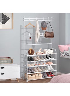 RollsTimi  3 in 1 Freestanding Coat Rack 5-Tier Entryway Coat Rack with Shelf Modern Storage Rack with 8 Double Hooks For Bathroom Bedroom Living Room and Small Space, White  - Image 4