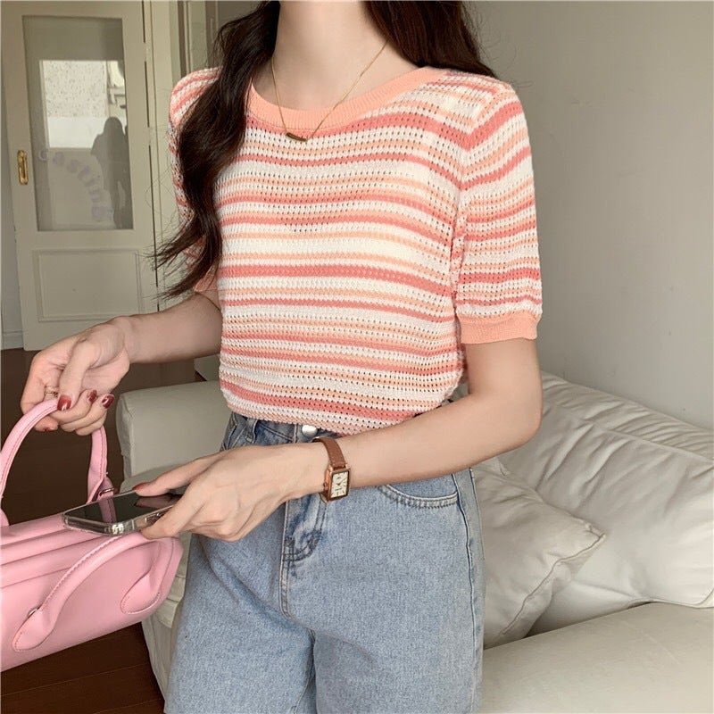 Style Thin Hollow-Out Age-Reducing Striped Short-Sleeved T-Shirt Women'S Elegant Casual Pullover Sweater - Image 1