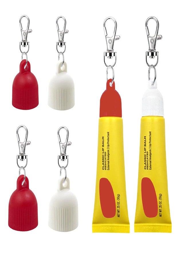 Tonsamvo Lip Balm Cap Holder with Keychain, Portable Replacement Cover Compatible with Carmex Classic Lip Balm 0.35 oz, Leak-Proof Design, Never Lose Your Lip Gloss Again (Red+White, 4 Pack) - Image 1