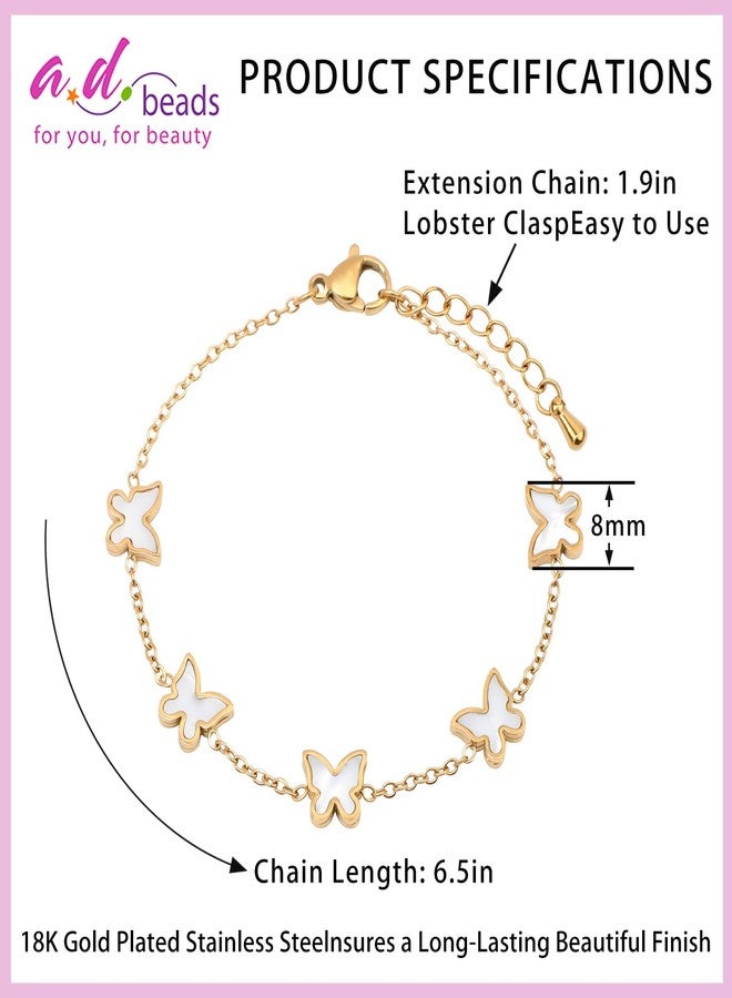 أد بيدز سوار أنيق من الفولاذ المقاوم للصدأ مطلي بالذهب عيار 18 قيراطًا، مزين بتعليقات رقيقة وأحجار كريستال ملونة، سوار مجوهرات بسيط ولطيف للنساء (فراشة 8 مم) - Image 3