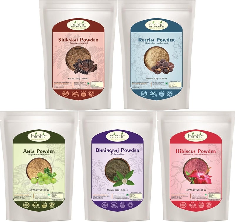 Biotic Biotic Natural Amla Reetha Shikakai Bhringraj and Hibiscus Powder  1KG 200g each  - Image 1