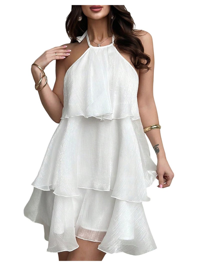 Floerns Women's Elegant Tie Backless Halter Chiffon Dress Sleeveless Tiered A Line Ruffle Hem Flowy Mini Dresses White Medium - Image 1