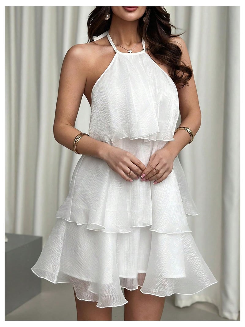 Floerns Women's Elegant Tie Backless Halter Chiffon Dress Sleeveless Tiered A Line Ruffle Hem Flowy Mini Dresses White Medium - Image 3