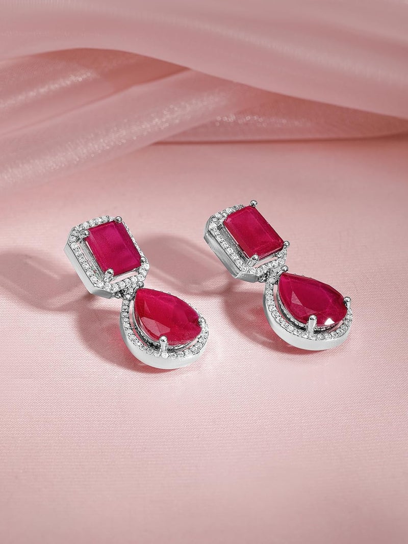 Rubans Silver-Toned Pink CZ Studded Emerald Embellished Drop Earrings For Women - Image 2