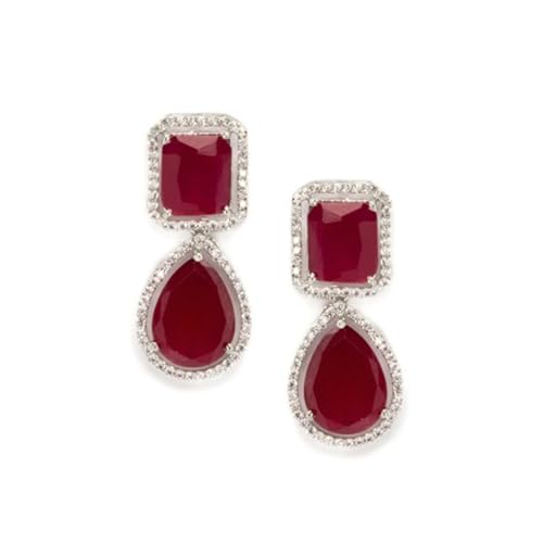 Rubans Silver-Toned Pink CZ Studded Emerald Embellished Drop Earrings For Women - Image 1