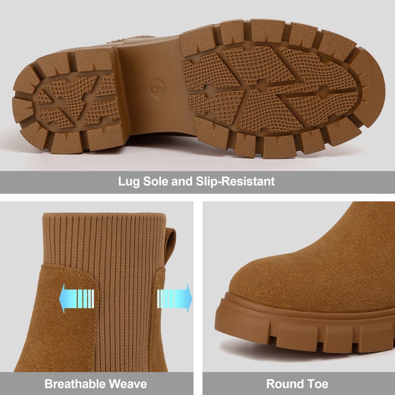 Athlefit Women's Brown Chelsea Boots Fall Platform Ankle Suede Boots Slip on Chunky Lug Sole Boots Size 10 - Image 3