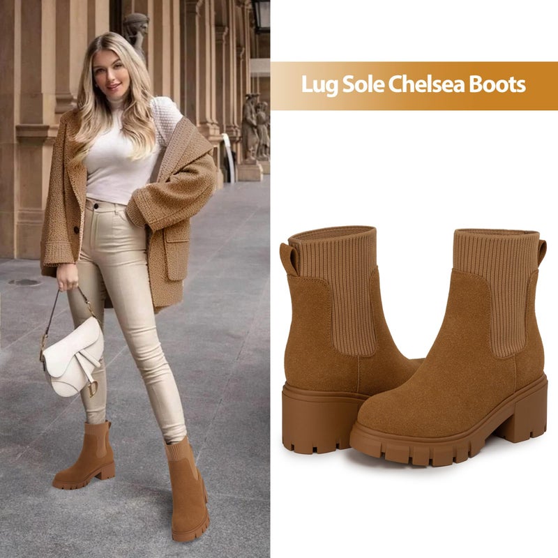 Athlefit Women's Brown Chelsea Boots Fall Platform Ankle Suede Boots Slip on Chunky Lug Sole Boots Size 10 - Image 2