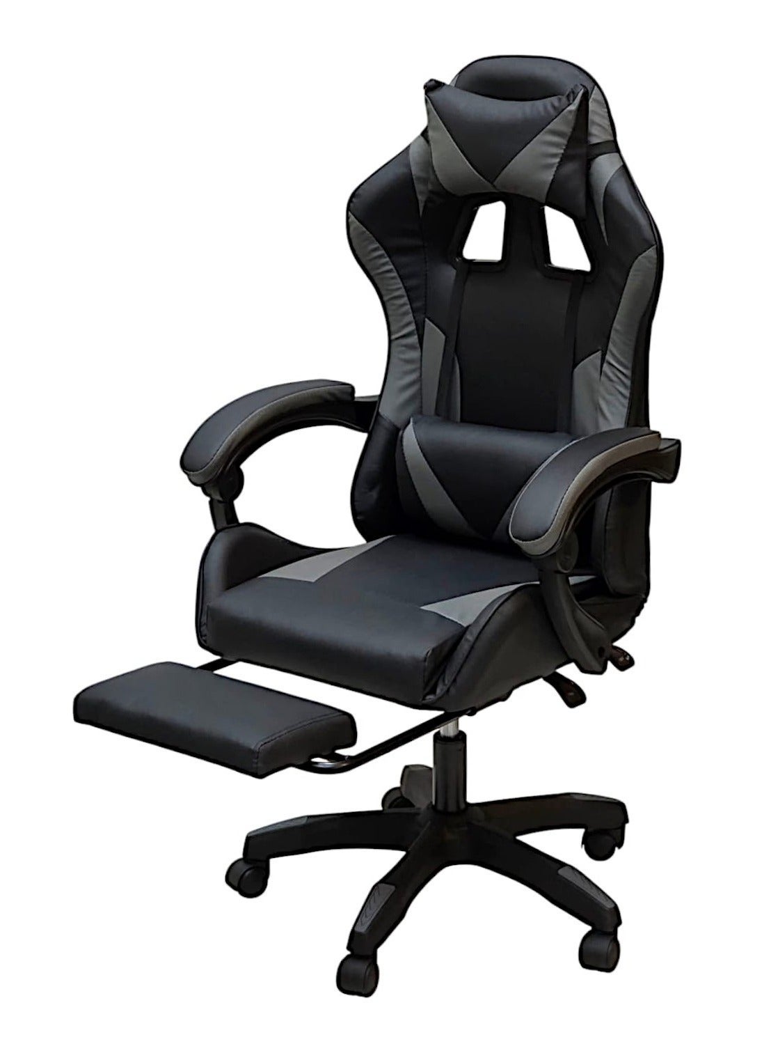 SBF Gaming Chair with Footrest – Ergonomic High Back PU Leather Office & Computer Chair, Adjustable Height, Reclining Backrest, Headrest & Lumbar Support, Grey Black