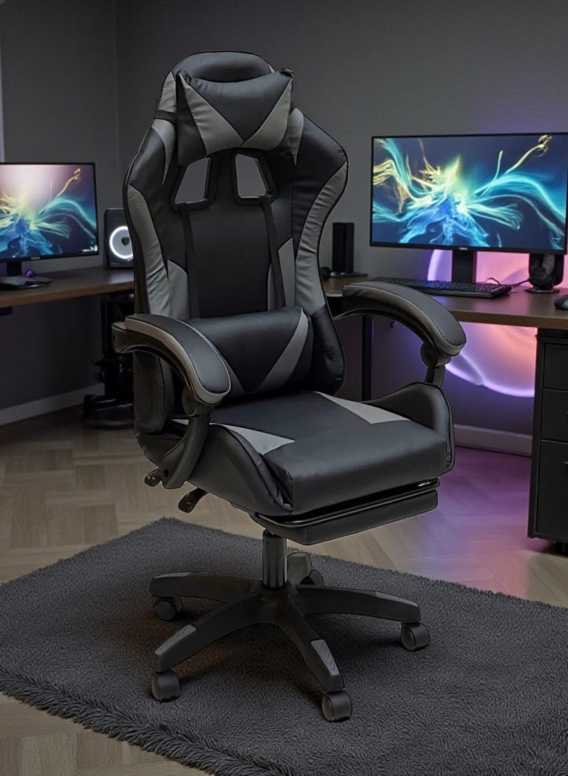 Sabir & Bros Furniture LLC SBF Gaming Chair with Footrest – Ergonomic High Back PU Leather Office & Computer Chair, Adjustable Height, Reclining Backrest, Headrest & Lumbar Support, Grey Black - Image 2