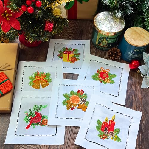 HCRAFT Embroidered White Cocktail Napkins 6x6 Set of 6 Cloth Coasters for Christmas Parties Ladder Hemstitch Great Present Ideas - Image 1