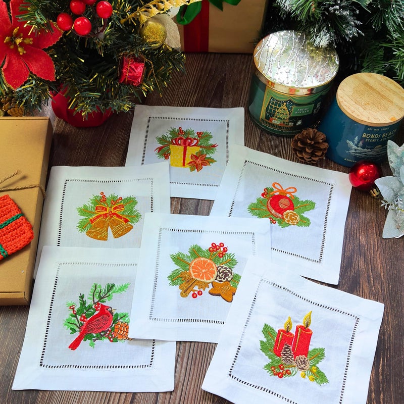 HCRAFT Embroidered White Cocktail Napkins 6x6 Set of 6 Cloth Coasters for Christmas Parties Ladder Hemstitch Great Present Ideas - Image 2