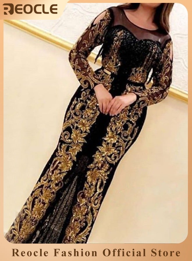 REOCLE Women's Waist Slimming Dress Gold Floral Printed Long-sleeved Dress with Large Hem Made of High-quality Mesh Best for Party Prom & Cocktail Party  - Image 1