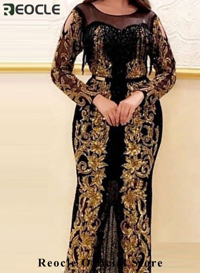 REOCLE Women's Waist Slimming Dress Gold Floral Printed Long-sleeved Dress with Large Hem Made of High-quality Mesh Best for Party Prom & Cocktail Party  - Image 2