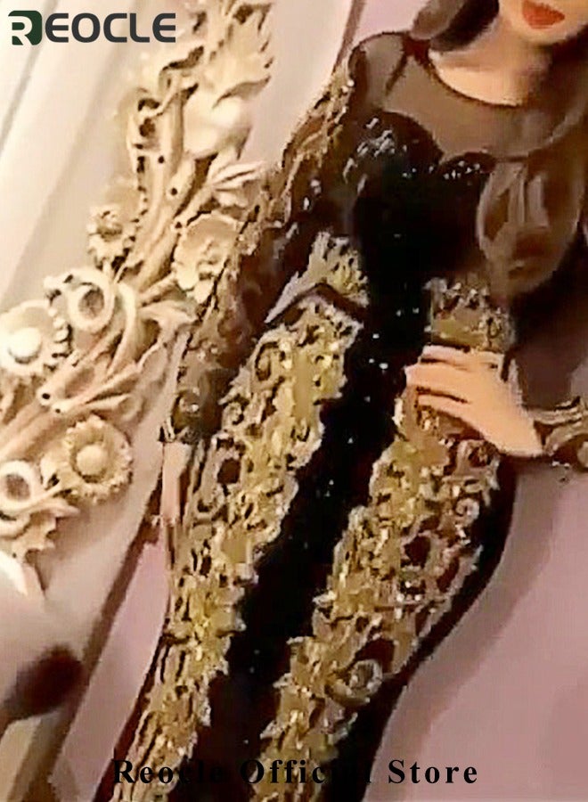 REOCLE Women's Waist Slimming Dress Gold Floral Printed Long-sleeved Dress with Large Hem Made of High-quality Mesh Best for Party Prom & Cocktail Party  - Image 3