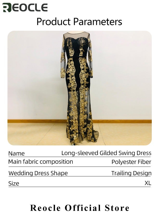 REOCLE Women's Waist Slimming Dress Gold Floral Printed Long-sleeved Dress with Large Hem Made of High-quality Mesh Best for Party Prom & Cocktail Party  - Image 4