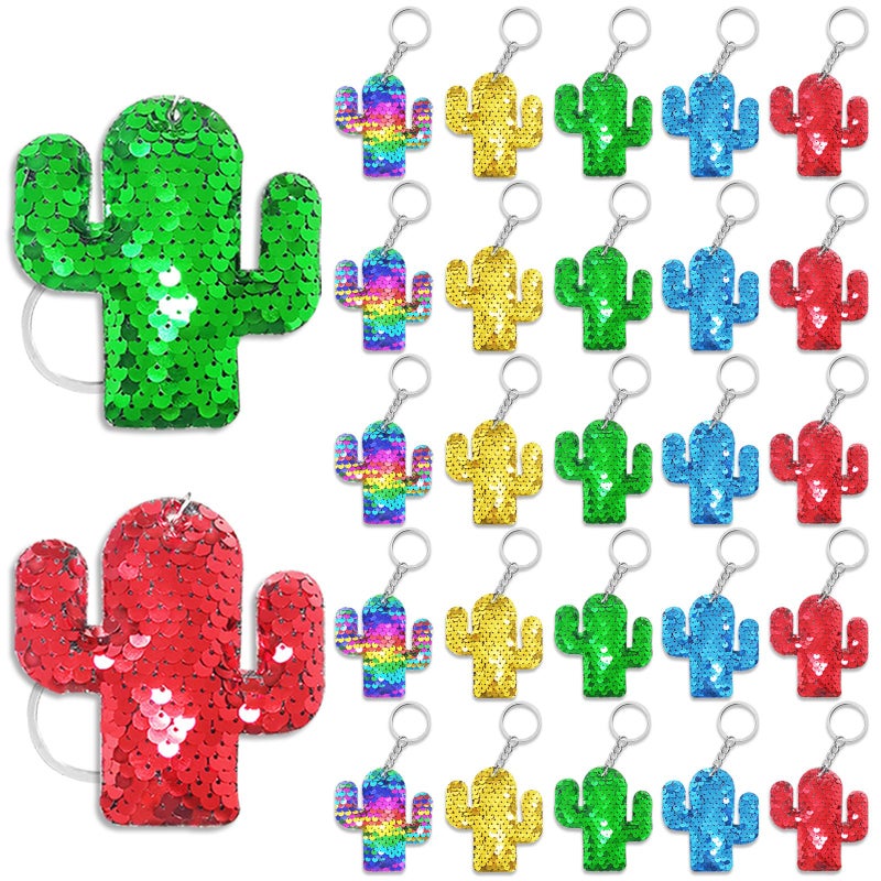 CiciBear 25 Pack Cactus Sequin Keychains for Cactus Mexican Fiesta Tropical Hawaiian Summer Themed Party Favors Kids and Adults Birthday Gift Baby Shower Party 5 Colors - Image 3