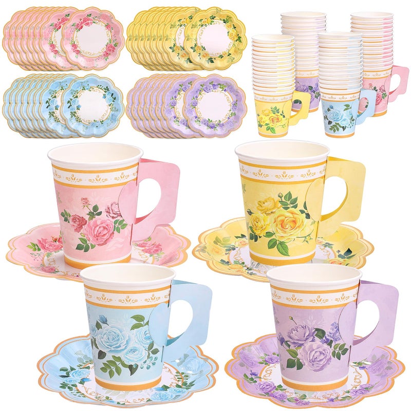 Kochorie 120 Pcs Floral Paper Tea Cups and Saucers 9 Oz Disposable Teacups Bulk with Handle 4 Styles Flower Tea Party Decorations for Birthday Wedding Garden Party Baby Shower Serve 60 Guests - Image 1