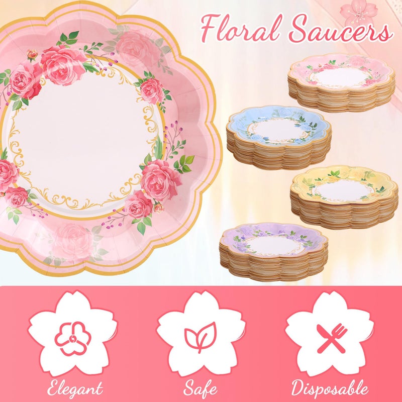 Kochorie 120 Pcs Floral Paper Tea Cups and Saucers 9 Oz Disposable Teacups Bulk with Handle 4 Styles Flower Tea Party Decorations for Birthday Wedding Garden Party Baby Shower Serve 60 Guests - Image 5