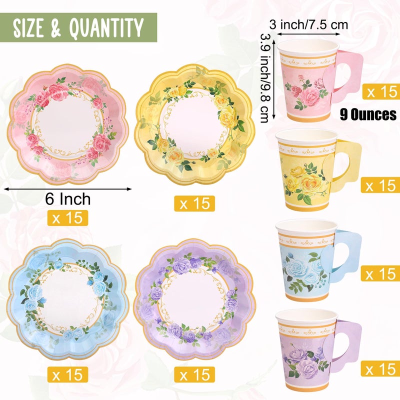 Kochorie 120 Pcs Floral Paper Tea Cups and Saucers 9 Oz Disposable Teacups Bulk with Handle 4 Styles Flower Tea Party Decorations for Birthday Wedding Garden Party Baby Shower Serve 60 Guests - Image 2