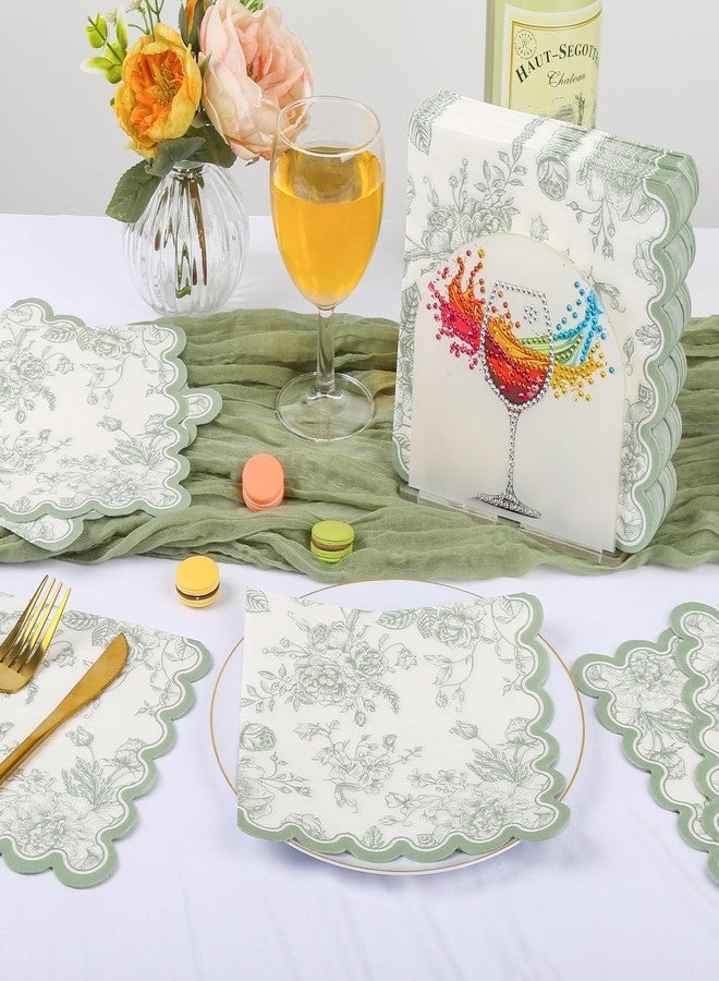 Elyxio 100 Sage Green Floral Paper Napkins Green & White Flowers Disposable Party Napkin 6.5" Scalloped Edge Toile Bouquet Hand Towels for Birthday Bridal Baby Shower Tableware - Image 5