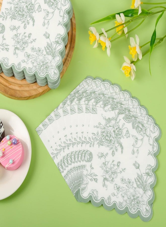Elyxio 100 Sage Green Floral Paper Napkins Green & White Flowers Disposable Party Napkin 6.5" Scalloped Edge Toile Bouquet Hand Towels for Birthday Bridal Baby Shower Tableware - Image 4