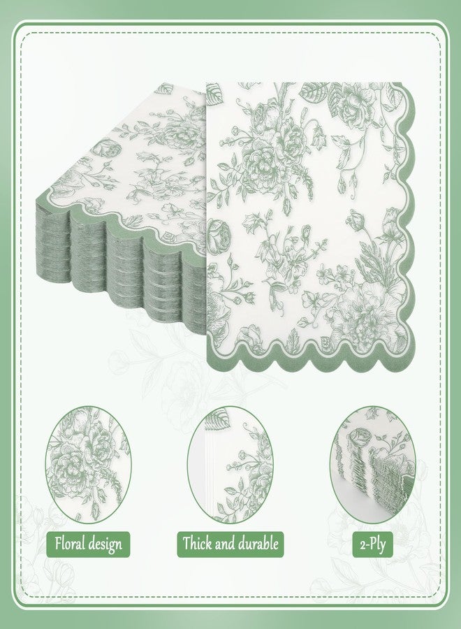 Elyxio 100 Sage Green Floral Paper Napkins Green & White Flowers Disposable Party Napkin 6.5" Scalloped Edge Toile Bouquet Hand Towels for Birthday Bridal Baby Shower Tableware - Image 3