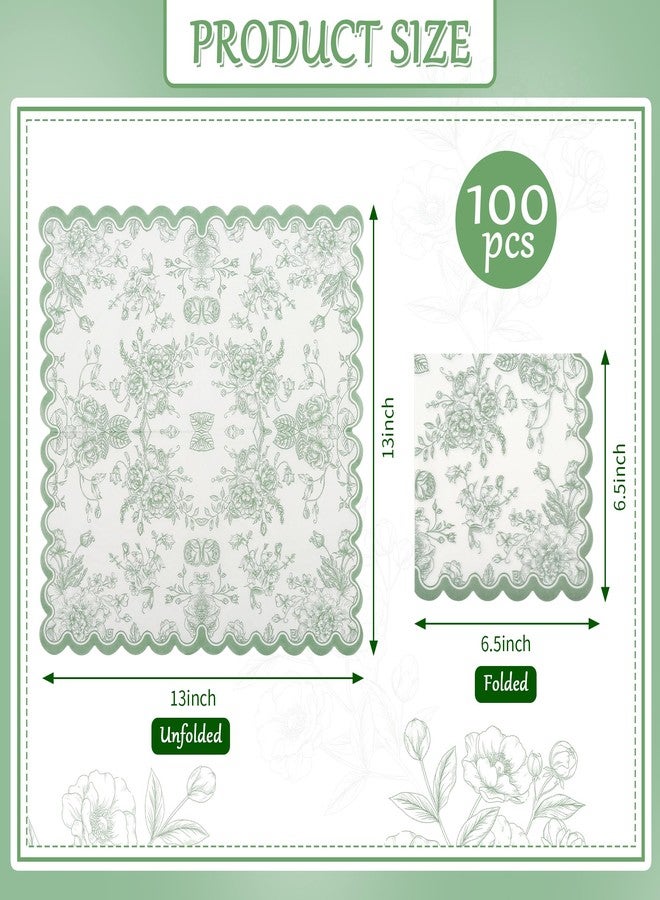 Elyxio 100 Sage Green Floral Paper Napkins Green & White Flowers Disposable Party Napkin 6.5" Scalloped Edge Toile Bouquet Hand Towels for Birthday Bridal Baby Shower Tableware - Image 2
