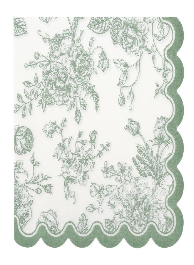 Elyxio 100 Sage Green Floral Paper Napkins Green & White Flowers Disposable Party Napkin 6.5" Scalloped Edge Toile Bouquet Hand Towels for Birthday Bridal Baby Shower Tableware - Image 1