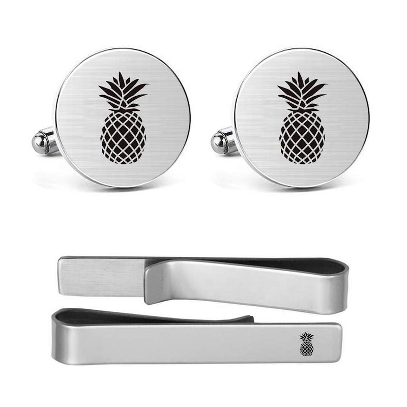 MUEEU Pineapple Cufflinks Engraved Fruit Novelty Pineapple Accessory Anniversary Wedding Party Groom Groomsman Cufflinks & Tie Clip Bar Tacks (Round Pineapple Cufflinks & Tie Clip) - Image 1