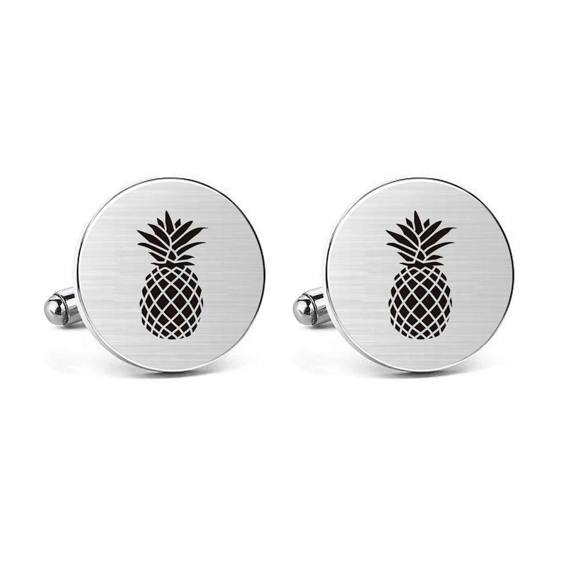 MUEEU Pineapple Cufflinks Engraved Fruit Novelty Pineapple Accessory Anniversary Wedding Party Groom Groomsman Cufflinks & Tie Clip Bar Tacks (Round Pineapple Cufflinks & Tie Clip) - Image 3