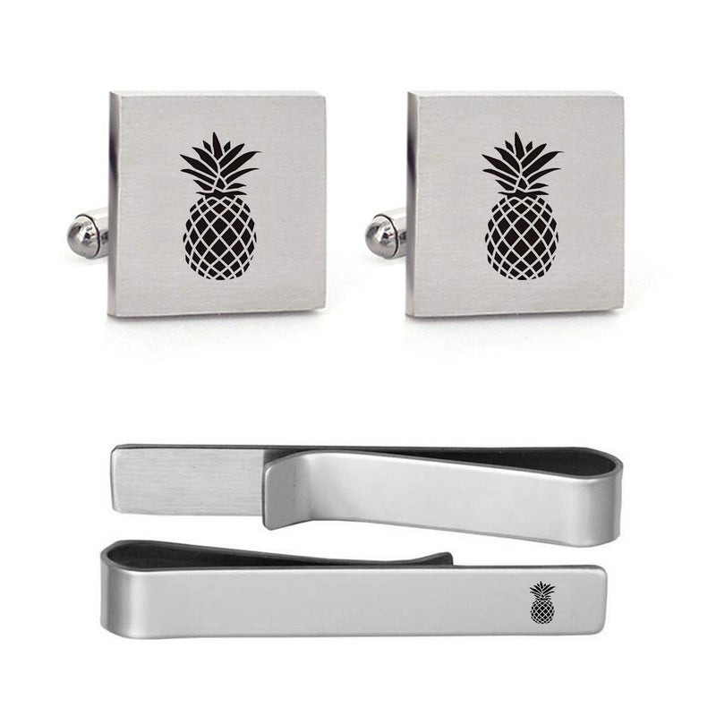 MUEEU Pineapple Cufflinks Engraved Fruit Novelty Pineapple Accessory Anniversary Wedding Party Groom Groomsman Cufflinks & Tie Clip Bar Tacks (Round Pineapple Cufflinks & Tie Clip) - Image 2