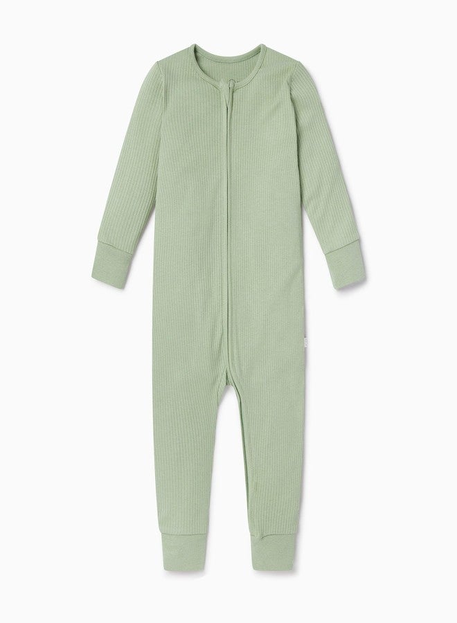 MORI Baby Boys and Girls Ribbed Clever One Piece Romper in Sage - Viscose from Bamboo and Cotton Blend - Unisex Infant Two Way Zipped Long Sleeve - 9-12 Months - Image 1