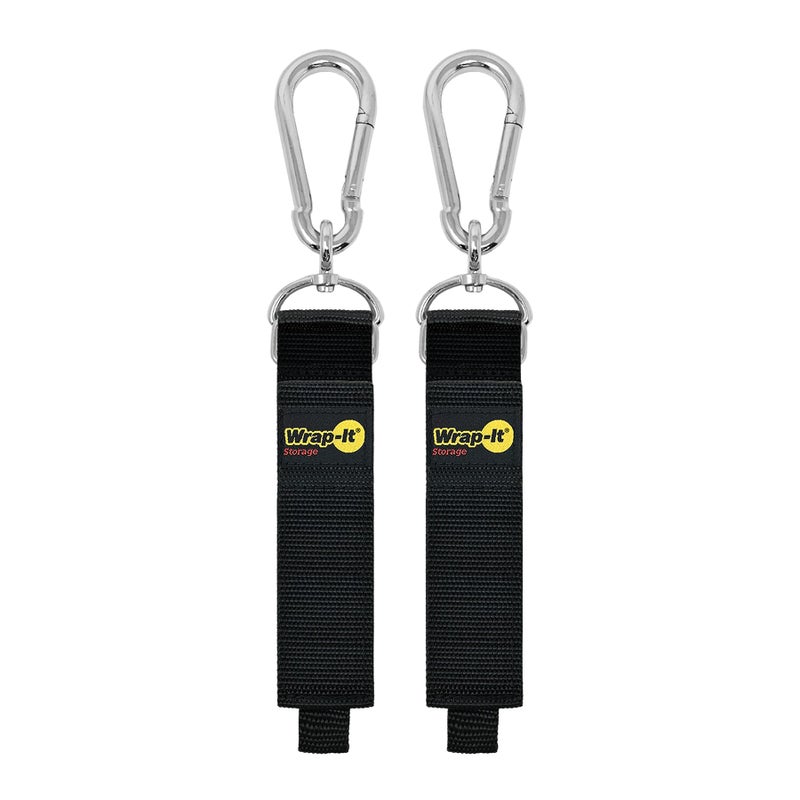 Wrap-It Storage Hook 'n Hang Wrap-It Storage Straps - 18" (2-Pack) Black - Carabiner Straps to use as an Extension Cord Holder with Hooks - Image 1