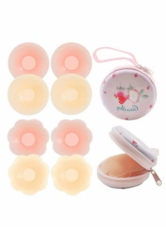 Y&D ELECDON Silicone Nipple Covers, 4 Pairs Women's Reusable Adhesive Invisible Pasties Nippleless Bras for Women & Girls Pink and Skin color (Round&Flower)  - Image 1