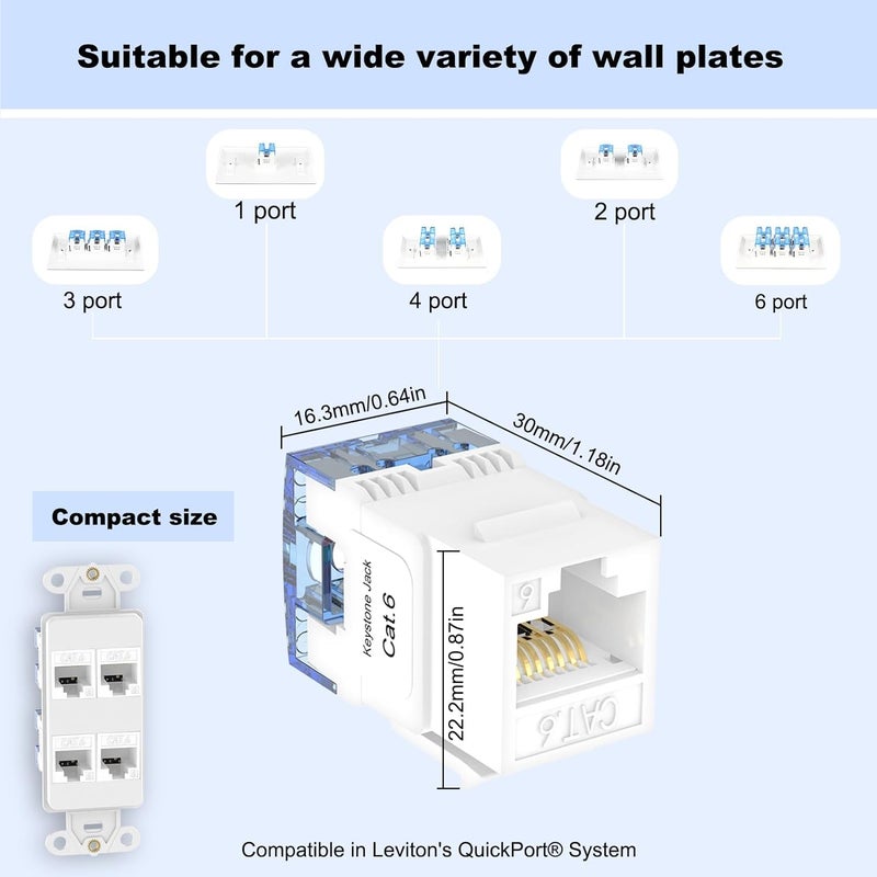 SCHOFIC Cat6 RJ45 Keystone Jacks Slim Profile, 180-Degree Ethernet Wall Jack Punch Down, Cat5e Cat5 Keystone Module Connector UTP, 110-Type for Wall Plate, Patch Panel (White) (Pack of 2) - Image 4