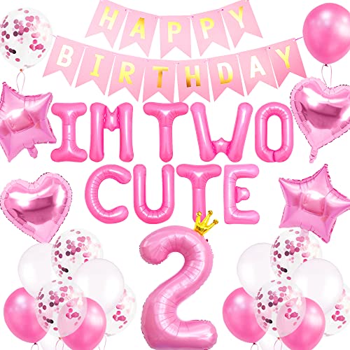 Roaring Good Time 41 PCS Im Two Cute Birthday Decoration Girl Im Two Cute Balloon Pink Number 2 Balloons Girl 2nd Birthday Decoration - Image 1