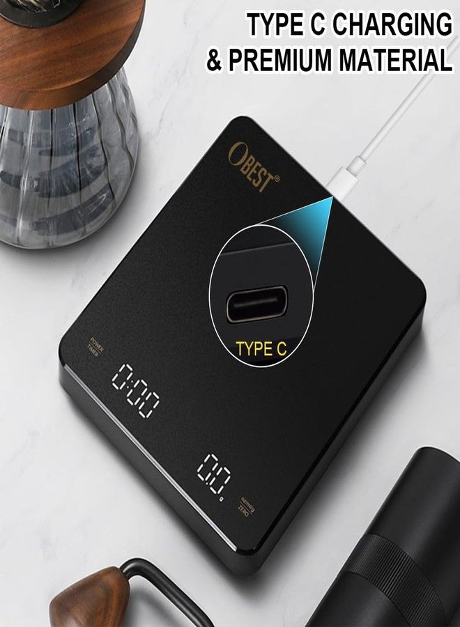 OBEST Mini Coffee Scale with Timer, Rechargeable Espresso Scale with Type-C, Travel Small Coffee Bean Scale with LED Display, Portable Digital Kitchen Scale, Pour Over Scale 3kg/0.1g Precision Black - Image 5