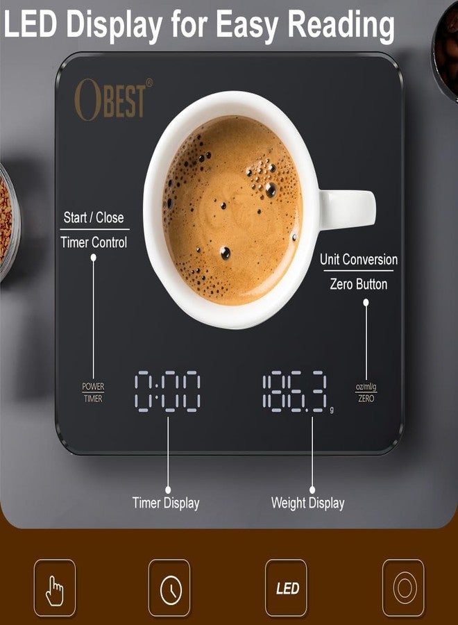 OBEST Mini Coffee Scale with Timer, Rechargeable Espresso Scale with Type-C, Travel Small Coffee Bean Scale with LED Display, Portable Digital Kitchen Scale, Pour Over Scale 3kg/0.1g Precision Black - Image 3