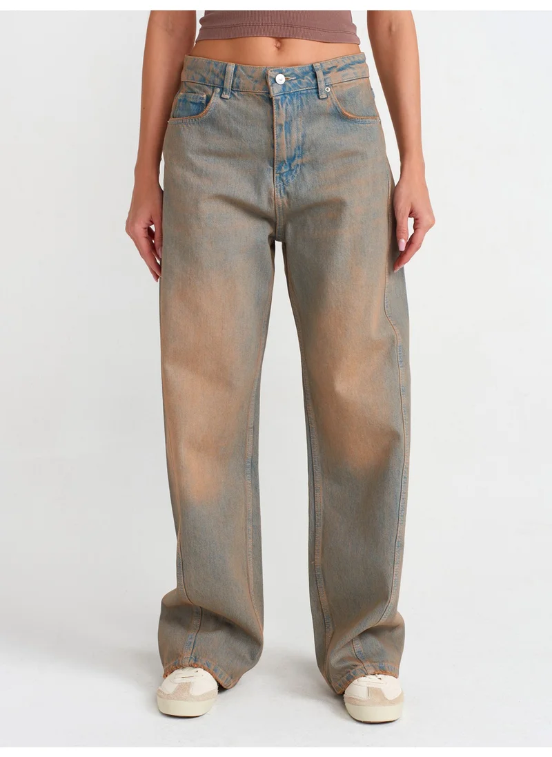Dilvin 71464 Front Pieced Baggy Denim Trousers-Tint