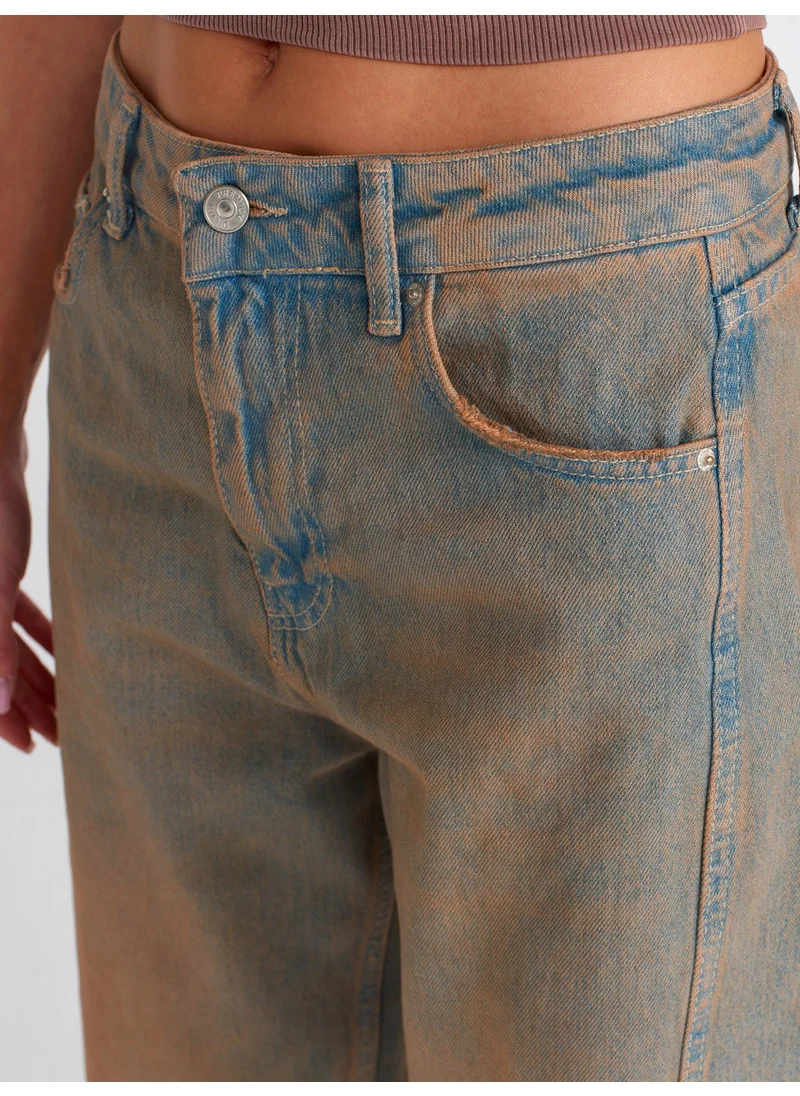 Dilvin 71464 Front Pieced Baggy Denim Trousers-Tint