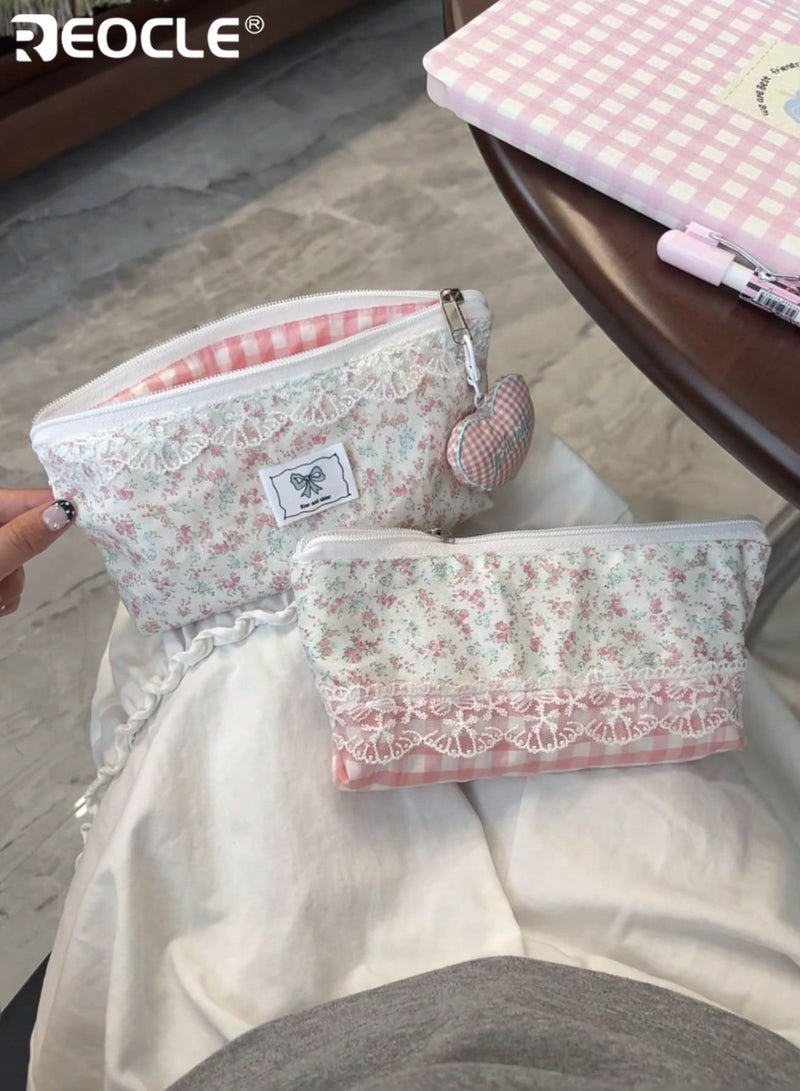 REOCLE Women's Decorative Patterned Pencil Case with Lace Trim & Charm Accent Stylish Compact Organizer for Stationery & Desk Essentials - Image 2