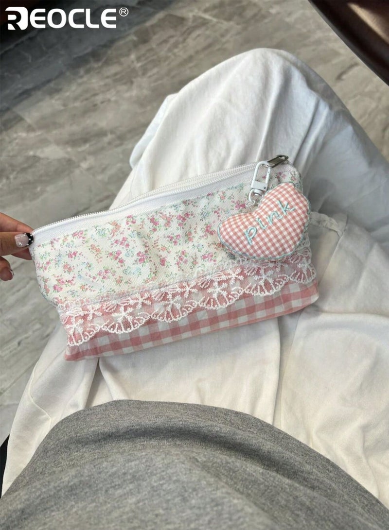 REOCLE Women's Decorative Patterned Pencil Case with Lace Trim & Charm Accent Stylish Compact Organizer for Stationery & Desk Essentials - Image 5