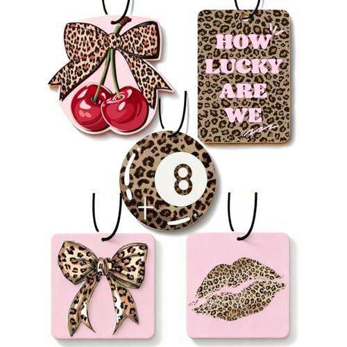 Joytezz Cheetah Print 5pcs Car Air Freshener Bow Coquette Leopard Print Car Accessories Automotive Interior Hanging Scents Mirror Decor for Women Teen Girls - Image 1