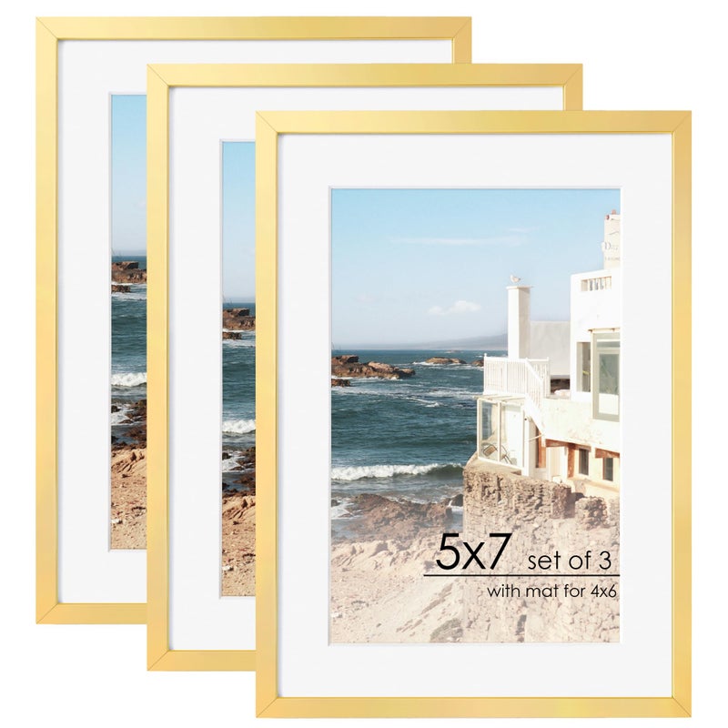 Flyjoe 5x7 Gold Picture Frame | إطار صورة Metal 5x7 مع حصيرة لـ 4x6 | 5 × 7 إطار صور الألومنيوم | Plexiglass والأجهزة المعلقة شملت | 5 في 7 إطار صورة | 3pcs الذهب - Image 1