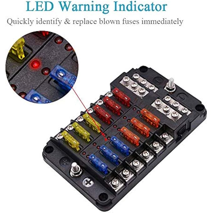 WUPP Boat Fuse Block Marine Fuse Panel With Led Warning Indicator DampProof Cover  12 Circuits With Negative Bus Fuse Box Holder For Car Marine Rv Truck Dc 1224V Fuses Included - Image 4