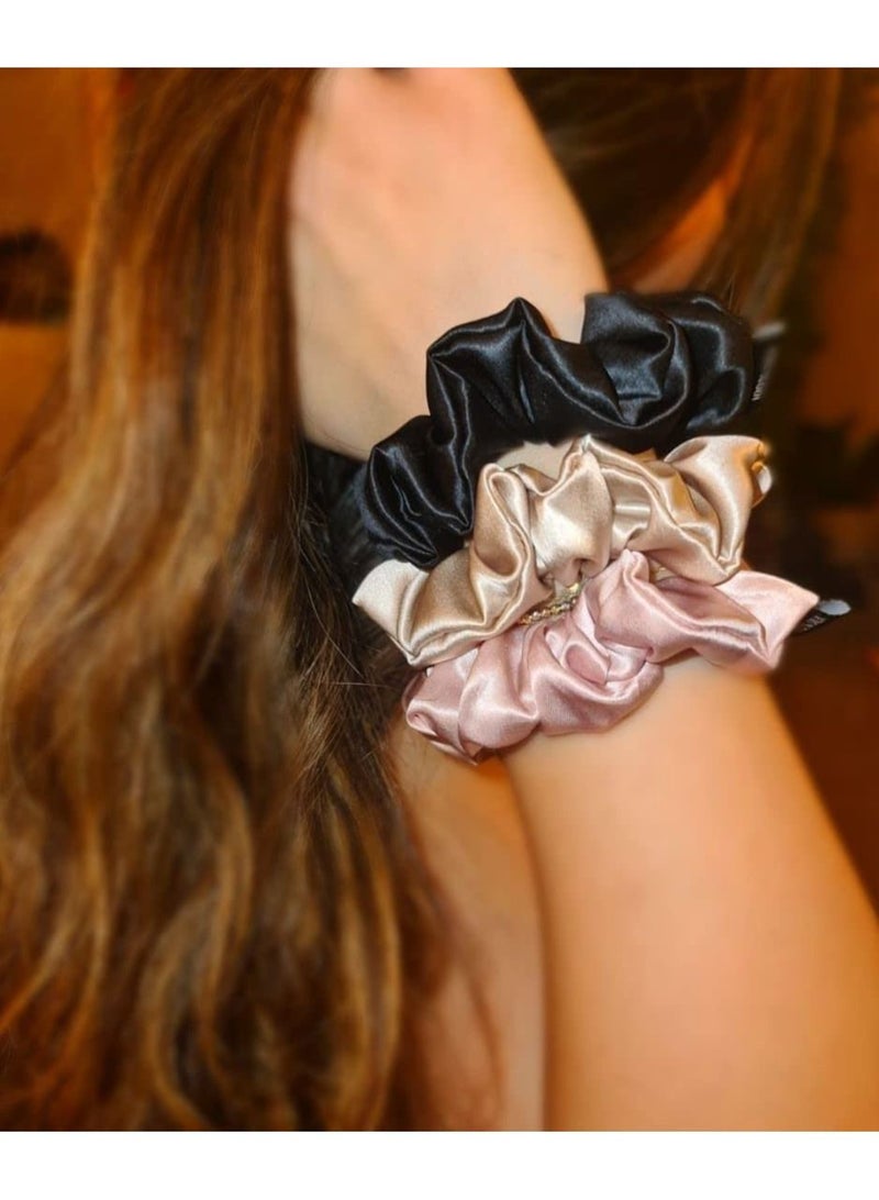 ORiTi Pure Mulberry Silk Scrunchies - Set of 3 (Black, Champagne, Blush) - 19 Momme Hair Tie Elastic - Anti Crease Anti Frizz Anti Breakage - Soft Ponytail holder for Women - Image 2