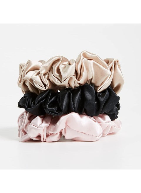 Pure Mulberry Silk Scrunchies - Set of 3 (Black, Champagne, Blush) - 19 Momme Hair Tie Elastic - Anti Crease Anti Frizz Anti Breakage - Soft Ponytail holder for Women