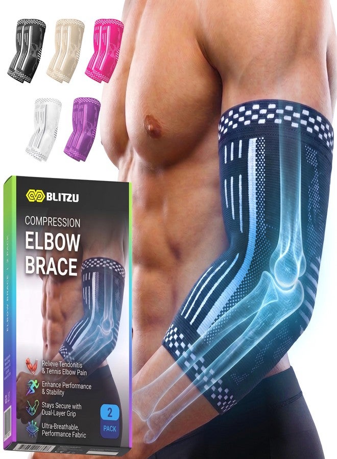 BLITZU Elbow Compression Sleeve for Tendonitis 2 Pack, Tennis Elbow Brace Support for Men and Women Golfers Elbow Pain Relief, Arthritis, Bursitis, Arm Brace for Workout, Weightlifting Black L - Image 1